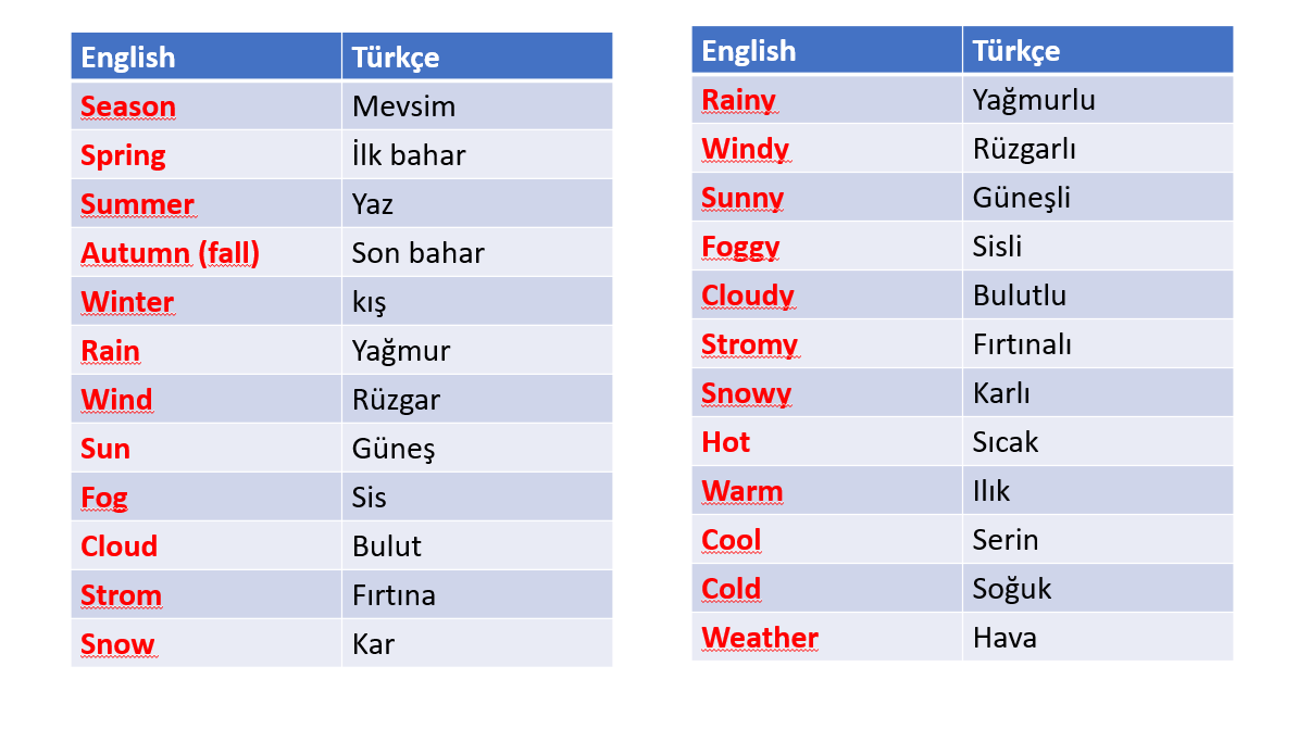 4. sınıf 8. ünite kelimeleri